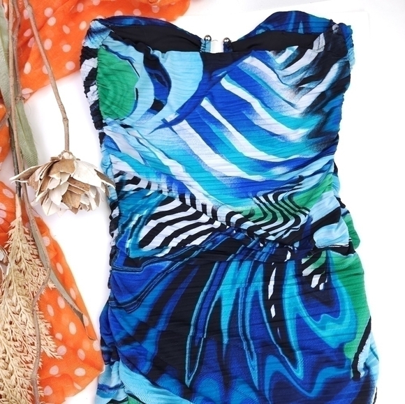 Arden B Blue Floral Strapless BodyCon Rouged Dress Sz X - Picture 9 of 10